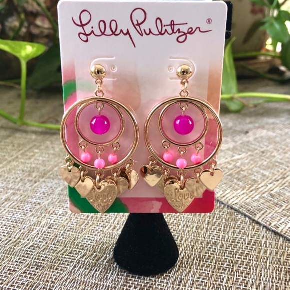 LILLY PULITZER EARRINGS NWT 🩷 Paradise Pink LOVE HEART CHARM Dangling POST - Picture 7 of 11